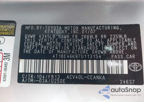 2007 Toyota Camry Le из США, поврежденный, VIN 4T1BE46K87U113154